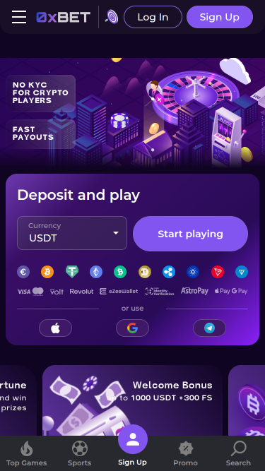 Página de inicio móvil de 0XBet Casino