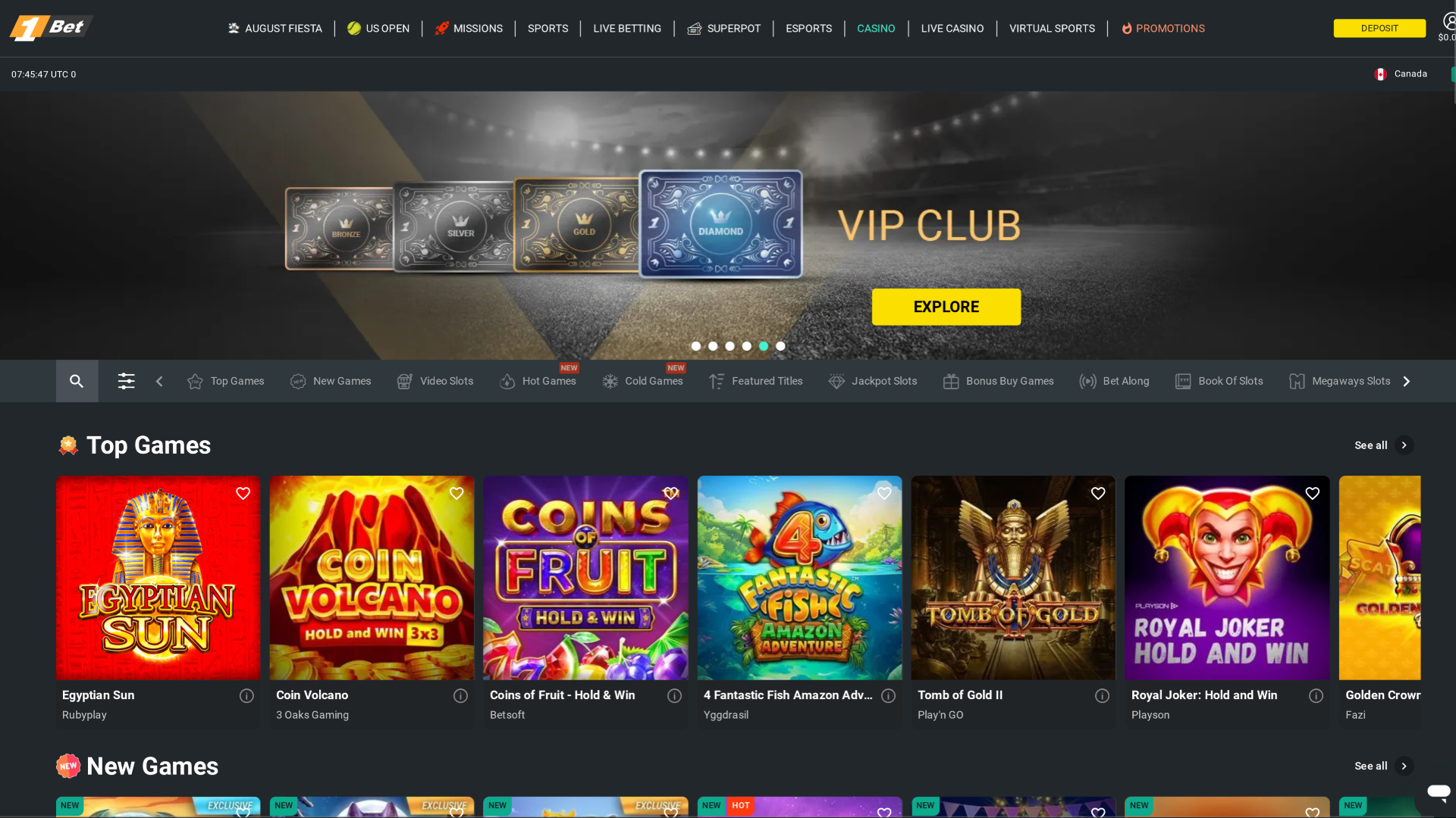 Página de inicio de escritorio de 1Bet Casino