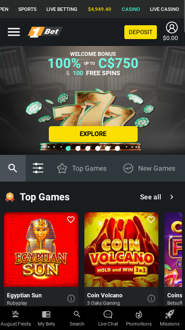 Página de inicio móvil de 1Bet Casino