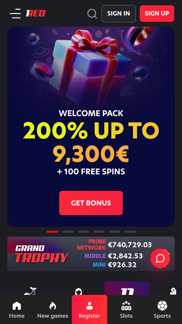 Page d'accueil mobile de 1red Casino