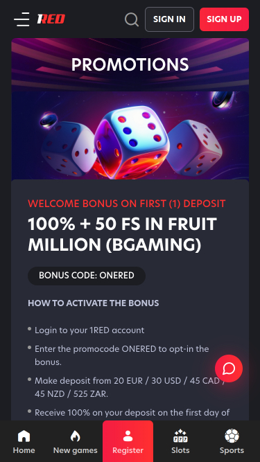 Promotions mobiles de 1red Casino