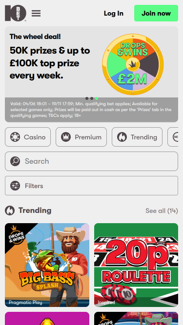 10Bet Casino Mobile Homepage