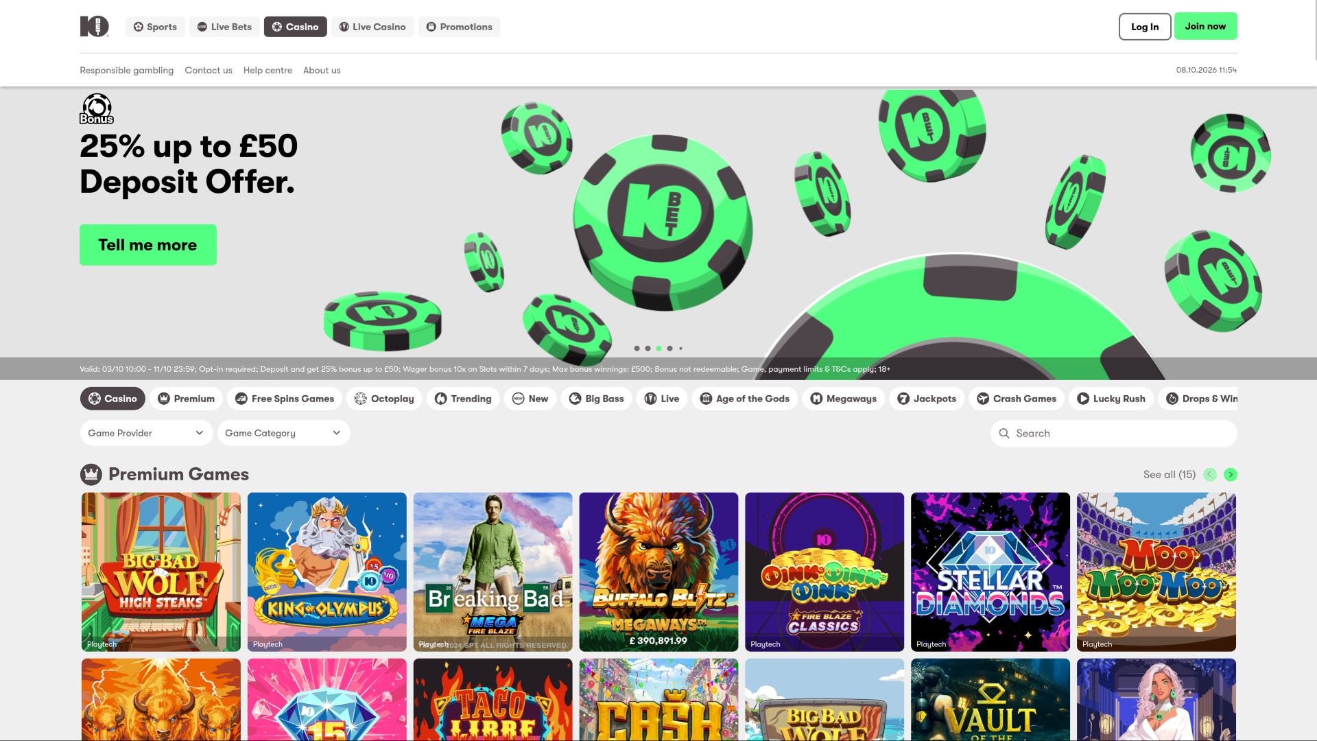 Página de inicio de 10Bet Casino para ordenador
