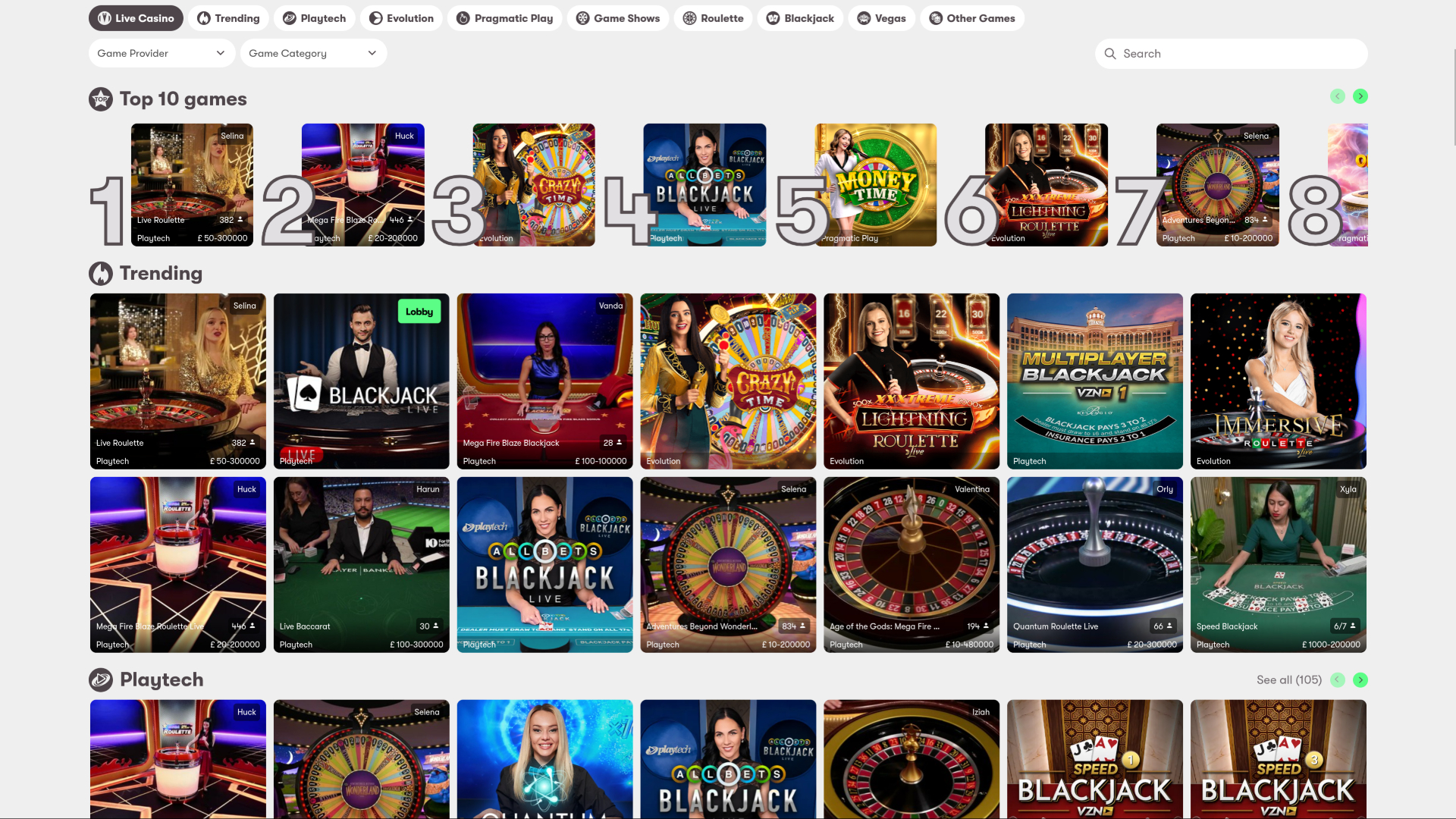 Casino 10Bet para escritorio con crupier en vivo