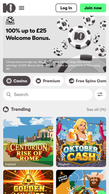 Página de inicio móvil del casino 10Bet