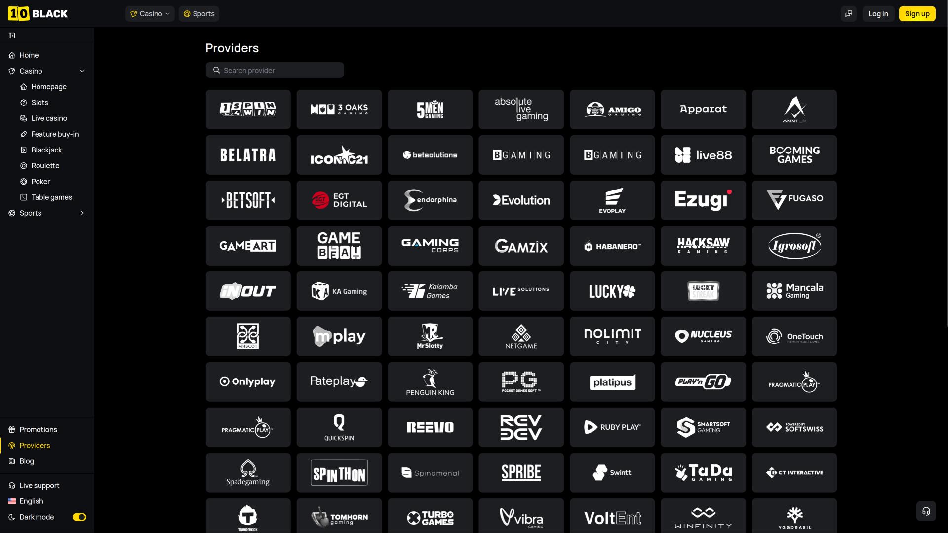 Page des développeurs du jeu 10Black Casino