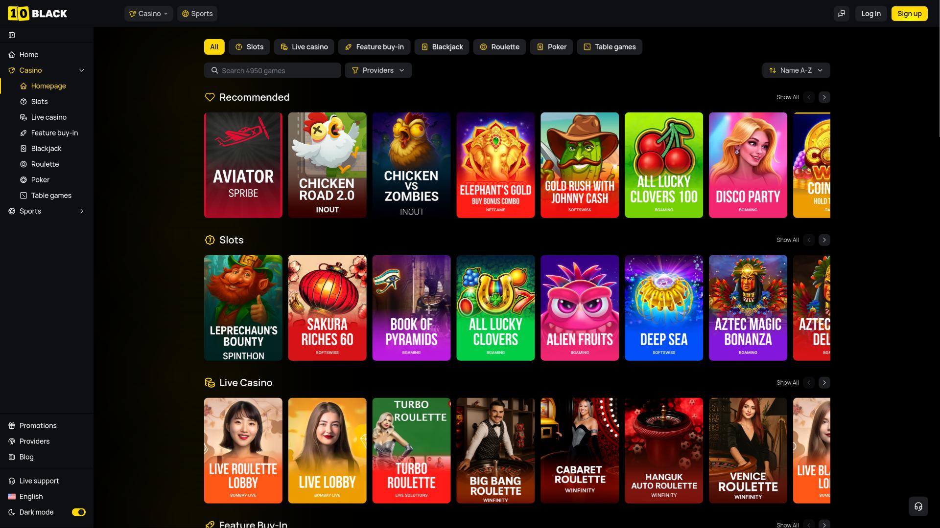 page des jeux de casino 10Black