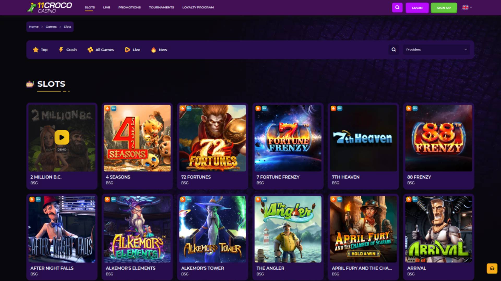 Games page screenshot of 11Croco Casino