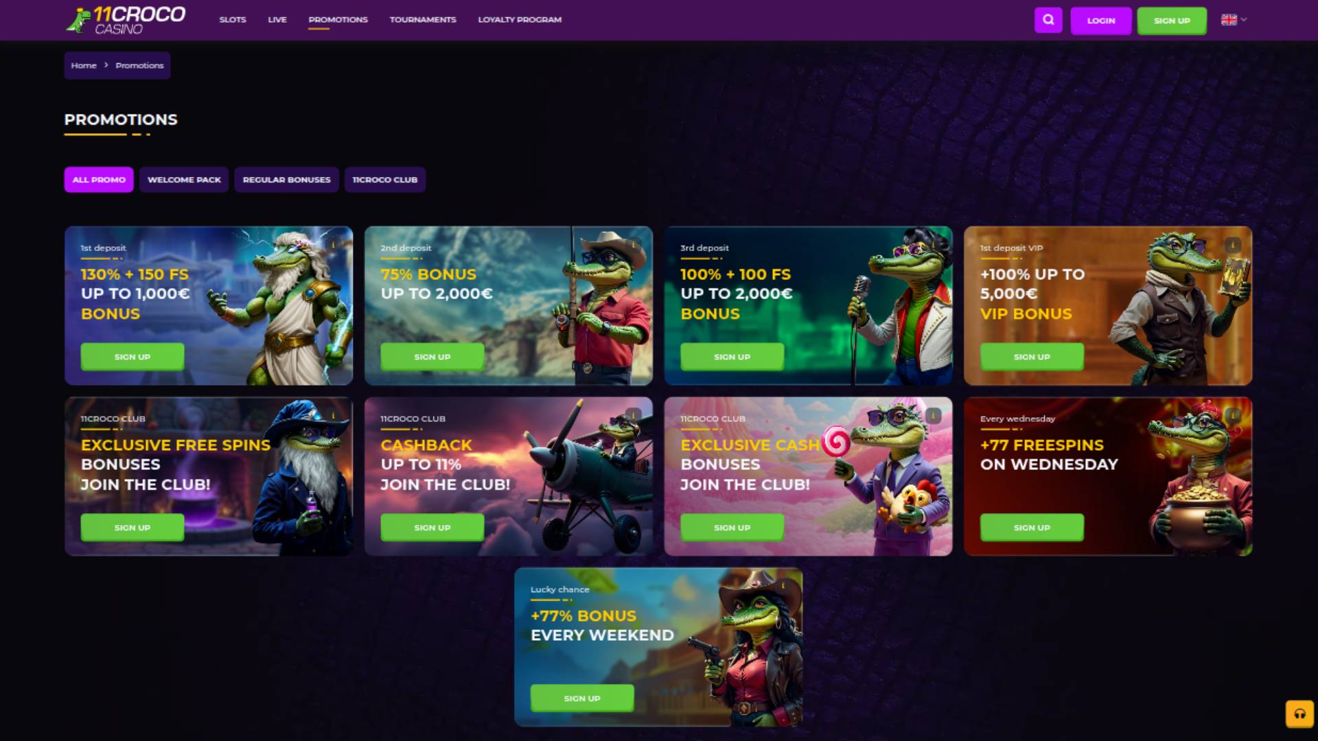 Promotions page screenshot of 11Croco Casino