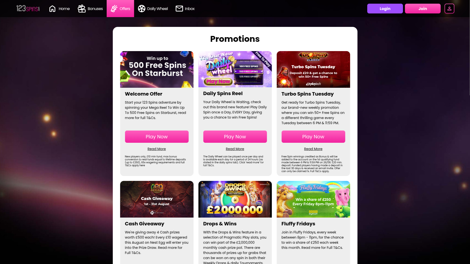 Promotions de bureau de 123Spins Casino