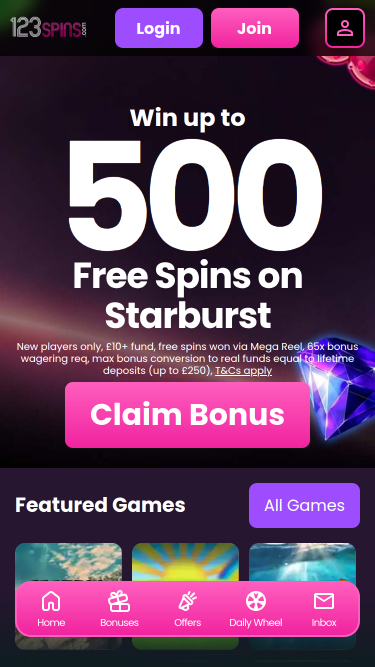 Page d'accueil mobile de 123Spins Casino