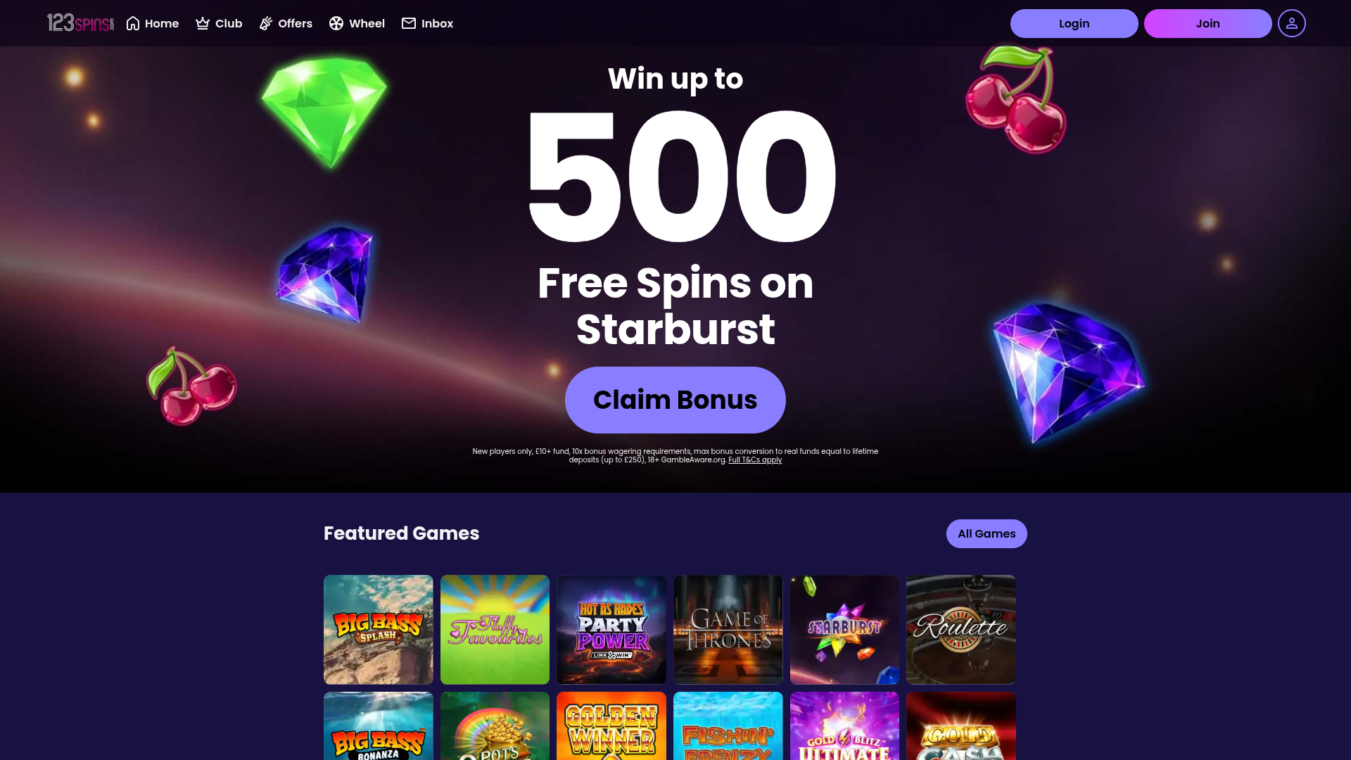 Página inicial do cassino 123Spins para computador