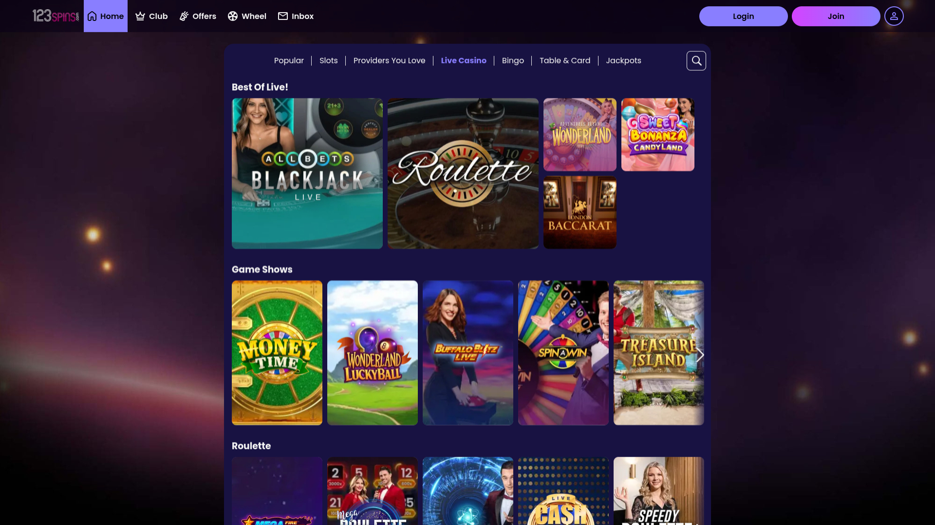 Cassino 123Spins para computador com crupiê ao vivo