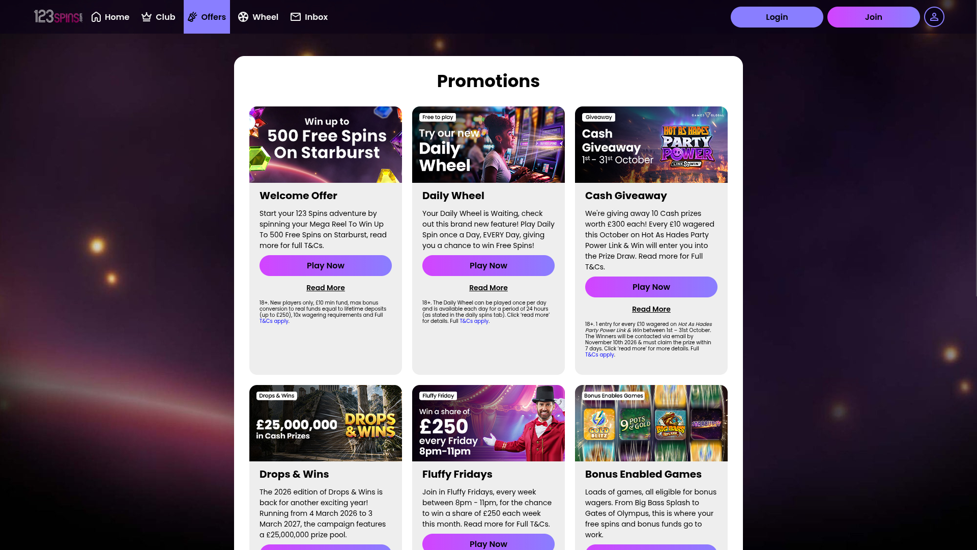 Promoções do Cassino 123Spins para Computador