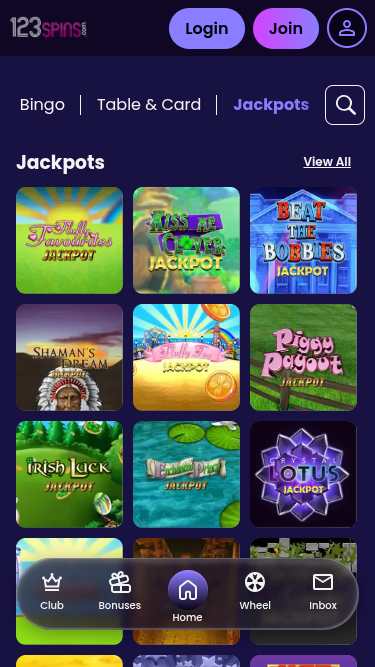 Jackpot do Cassino 123Spins para Celular