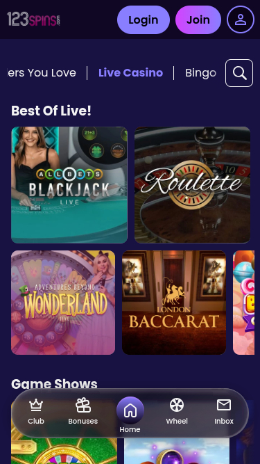 Cassino 123Spins para celular com crupiê ao vivo