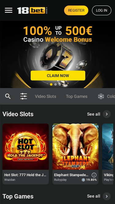 Página de inicio móvil de 18Bet Casino