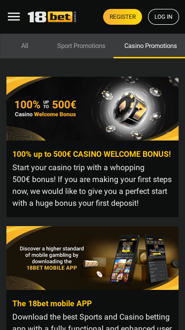 Promociones móviles de 18Bet Casino
