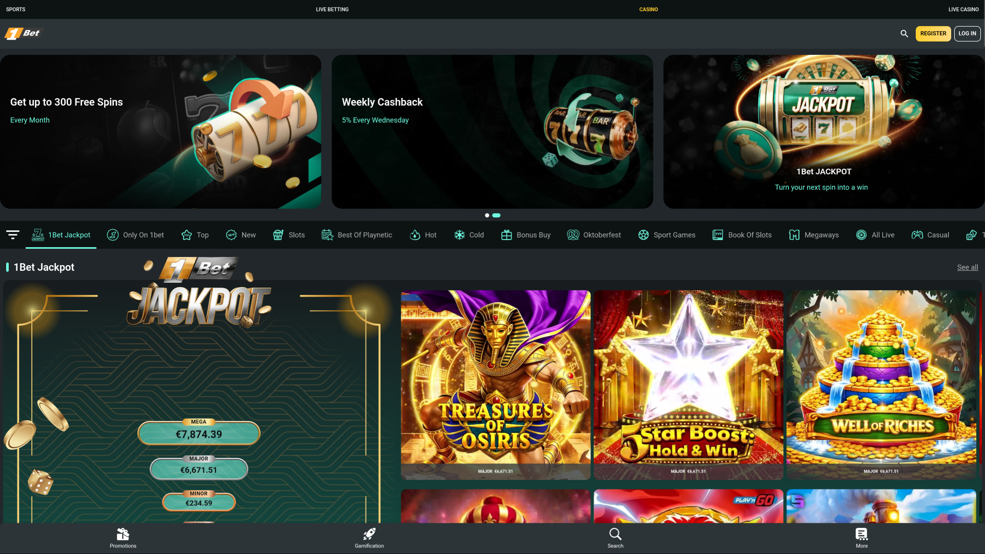 Página de inicio de 1Bet Casino para escritorio