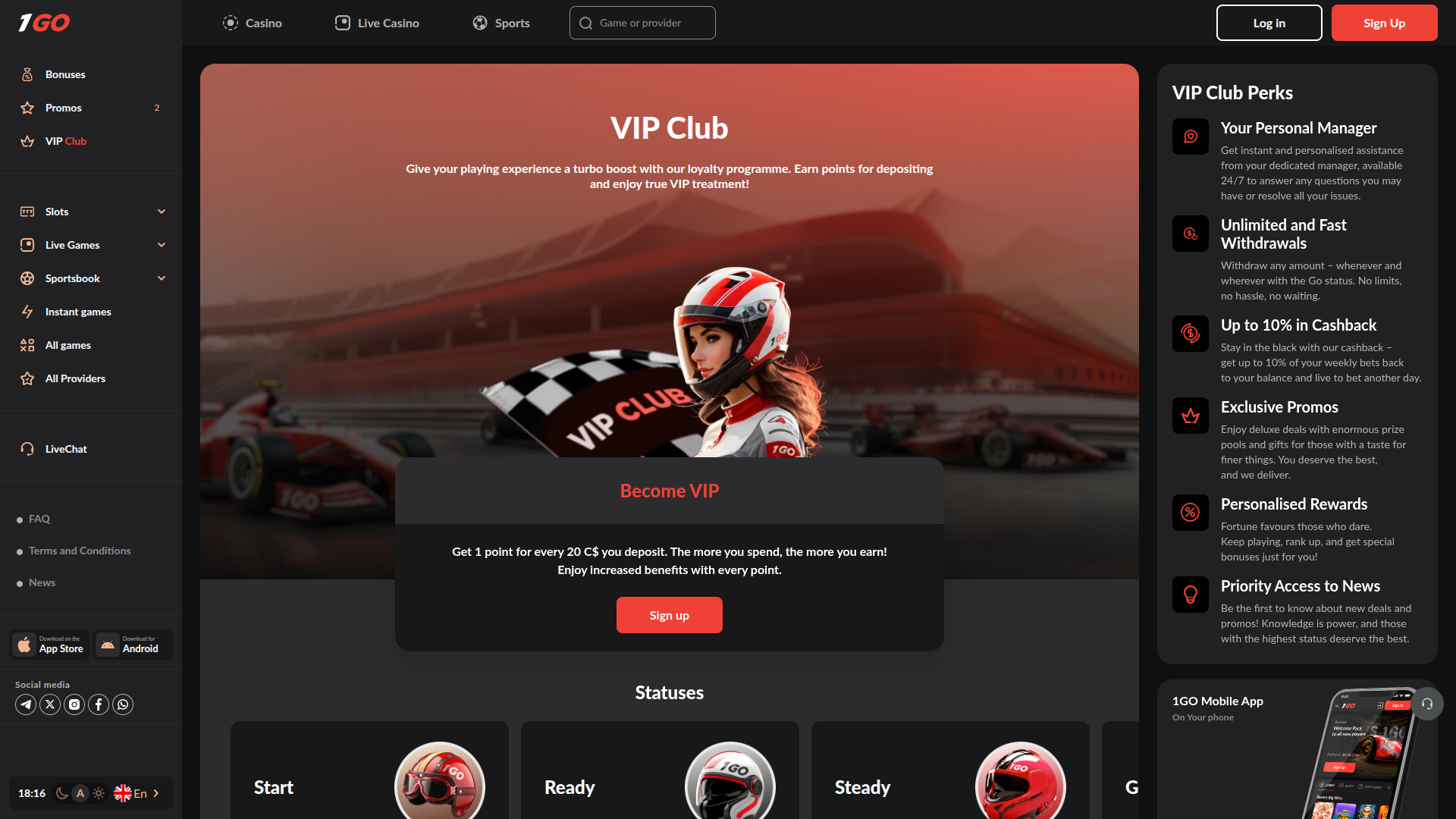 Programme VIP de bureau du casino 1GO