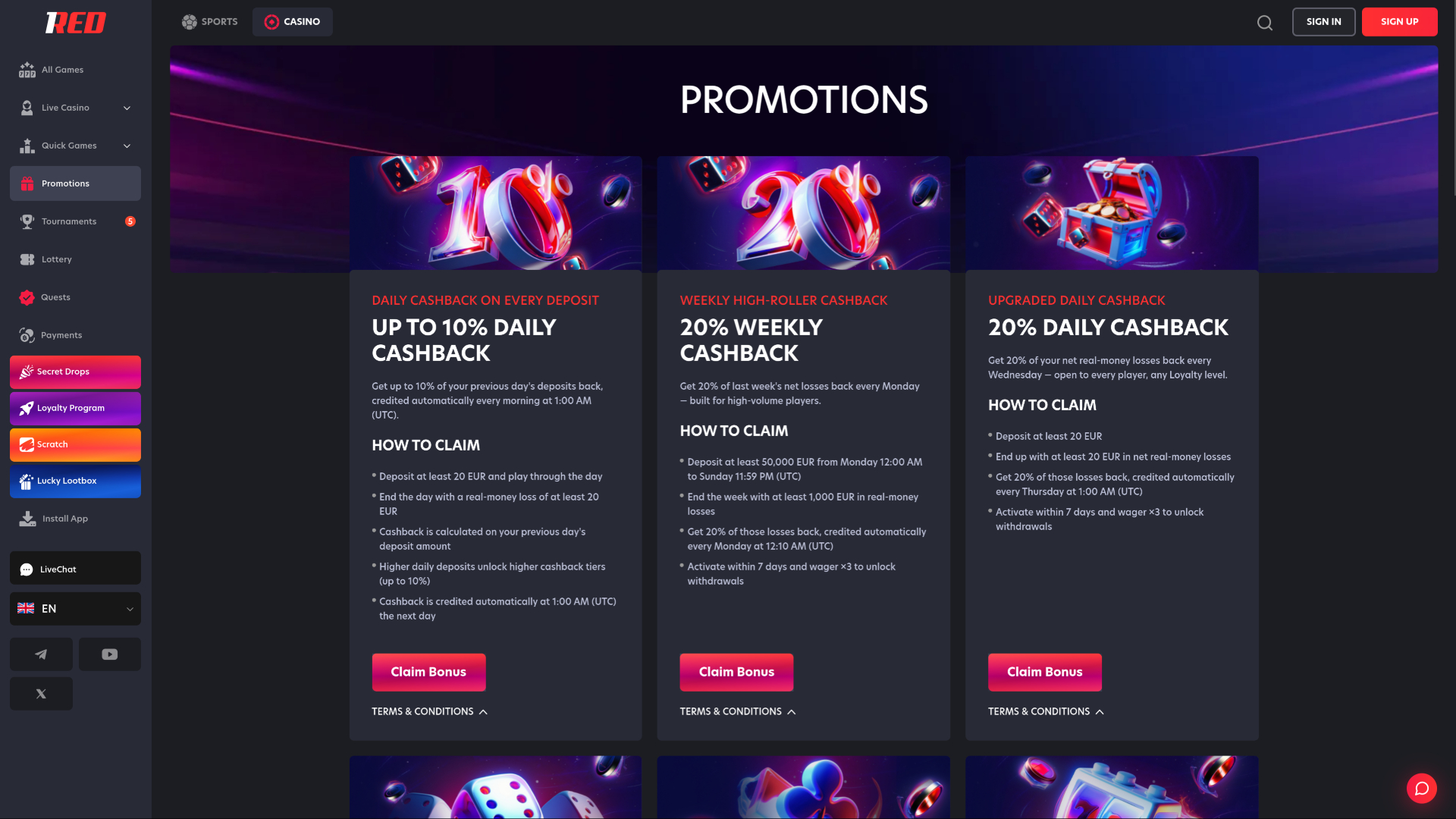 1red Casino Desktop Promotions