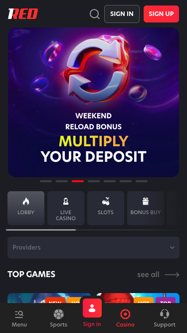 1red Casino Mobile Homepage