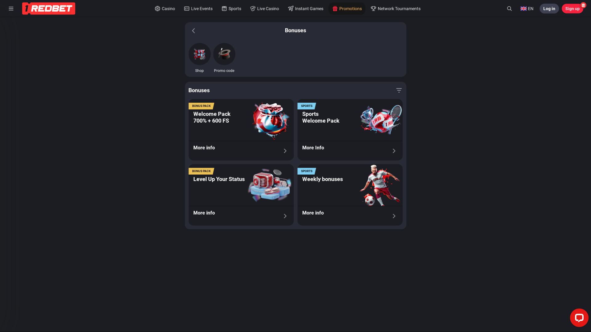 Promociones del casino 1RedBet