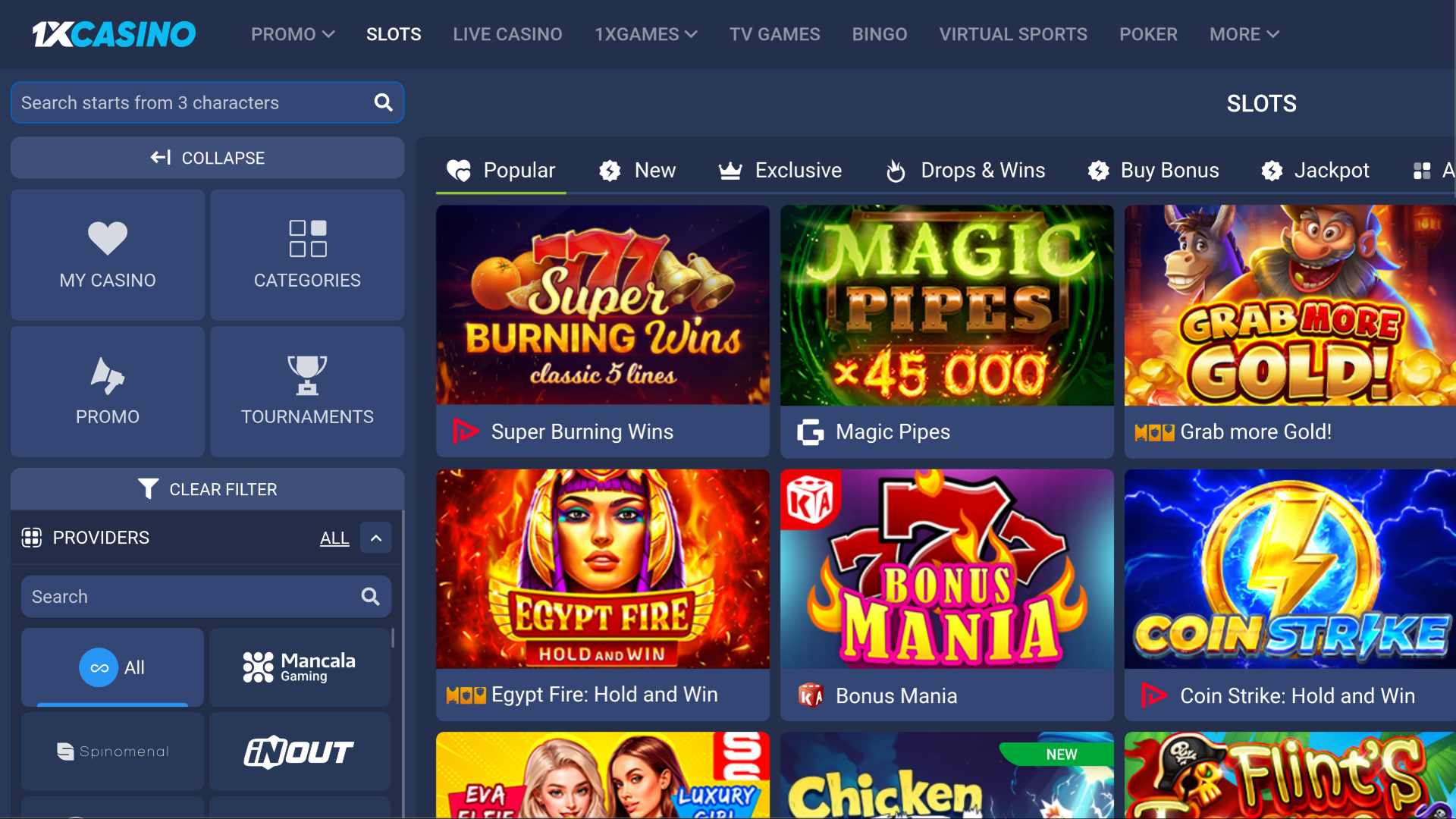 1xCasino Desktop Games