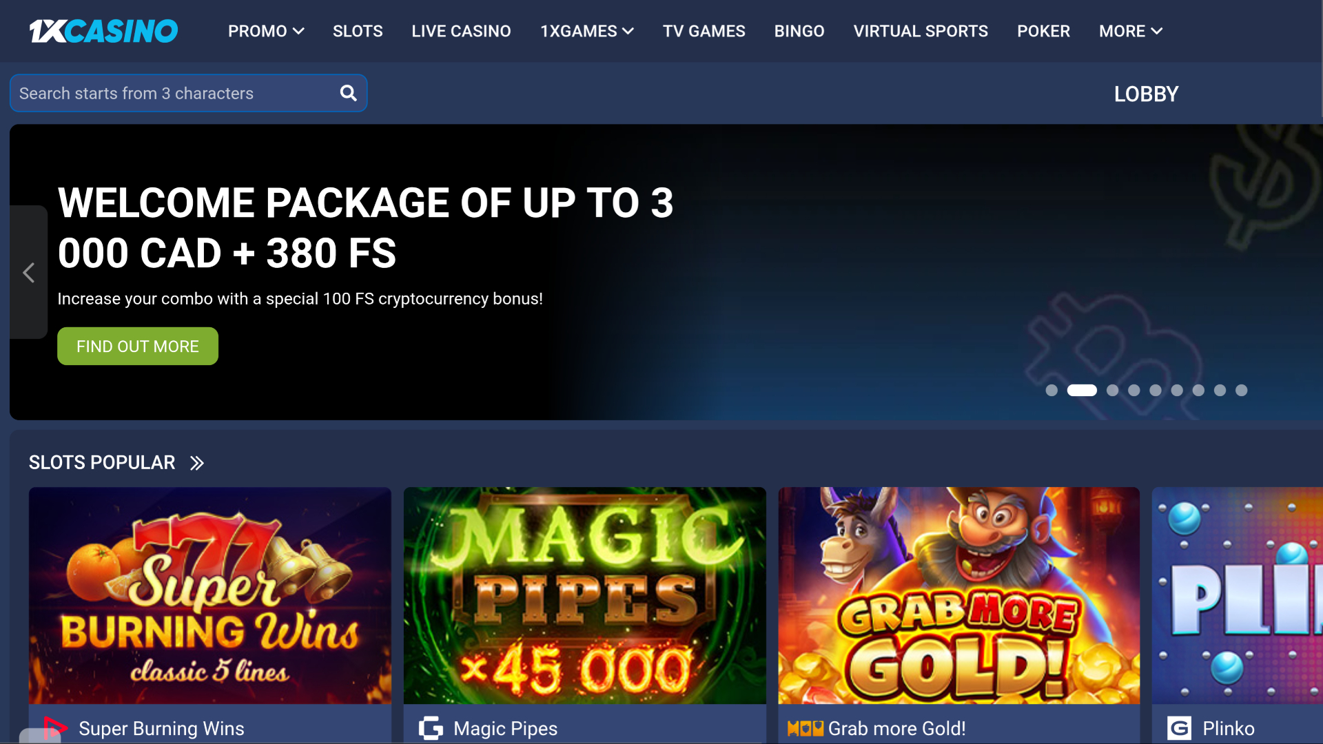 1xCasino Desktop Homepage