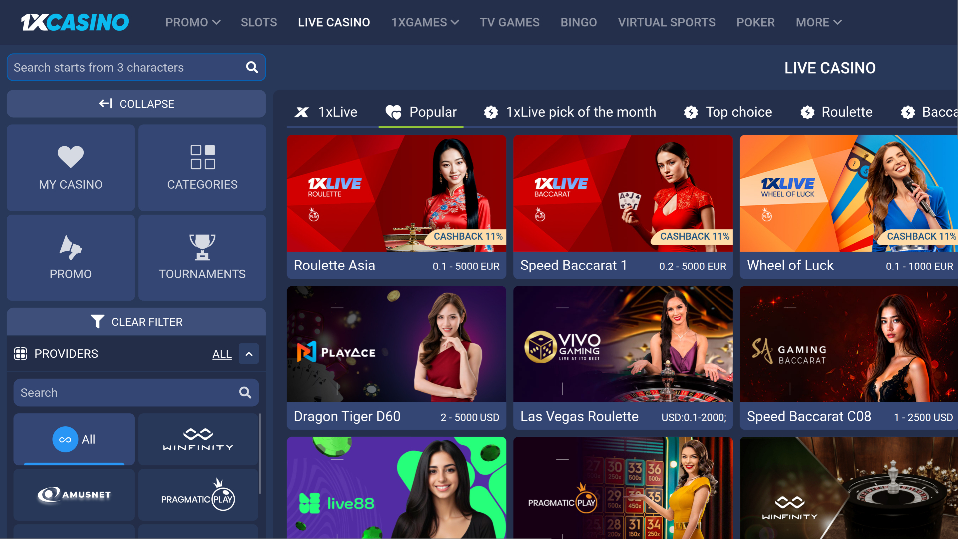 1xCasino Desktop Live Dealer