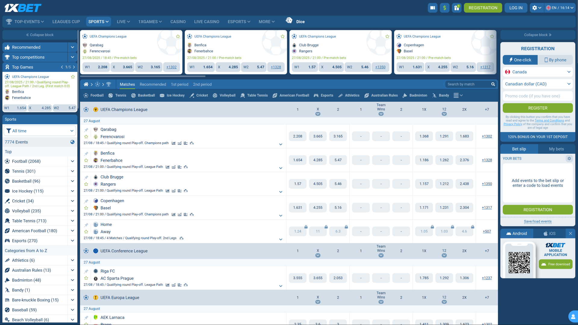 Deportes de escritorio de 1xBet Casino