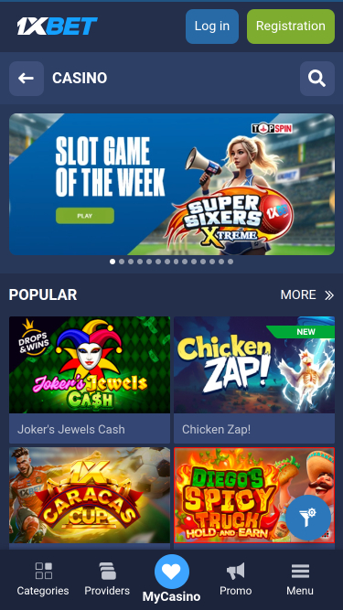 Página de inicio móvil de 1xBet Casino