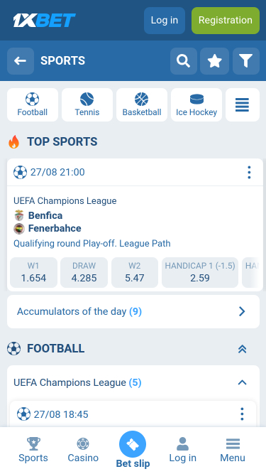 Deportes móviles de 1xBet Casino