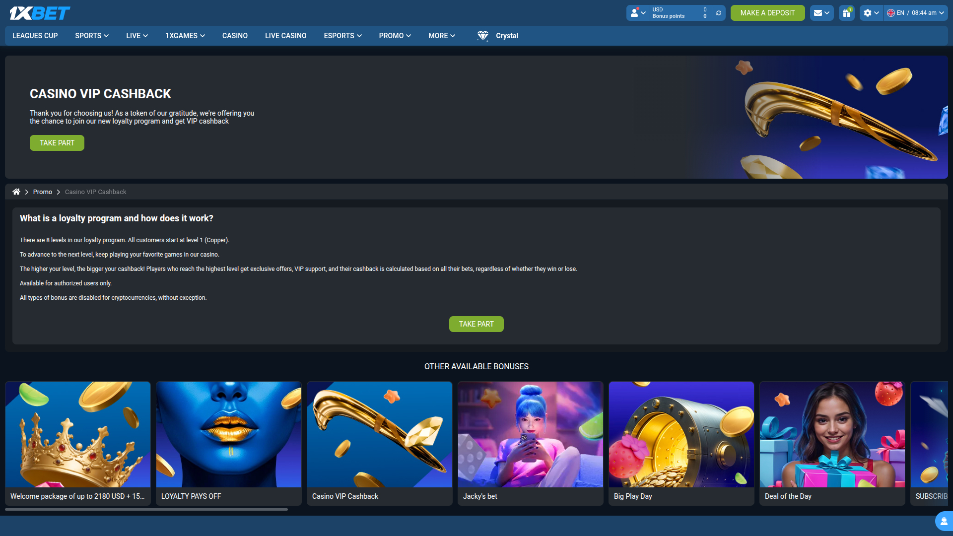 Programa VIP de escritorio del casino 1xBet