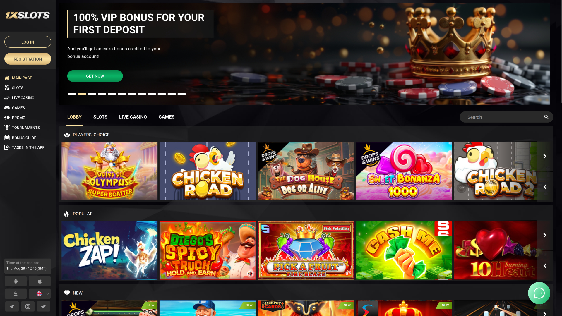 1xSlots Casino Desktop Homepage