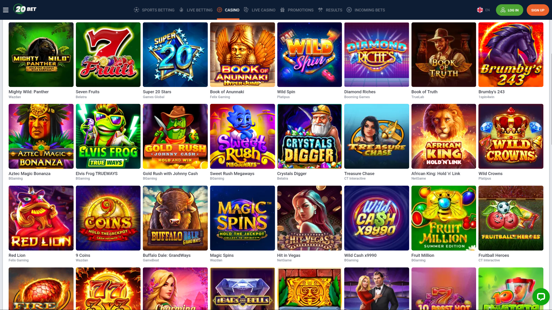 Juegos de escritorio de 20Bet Casino