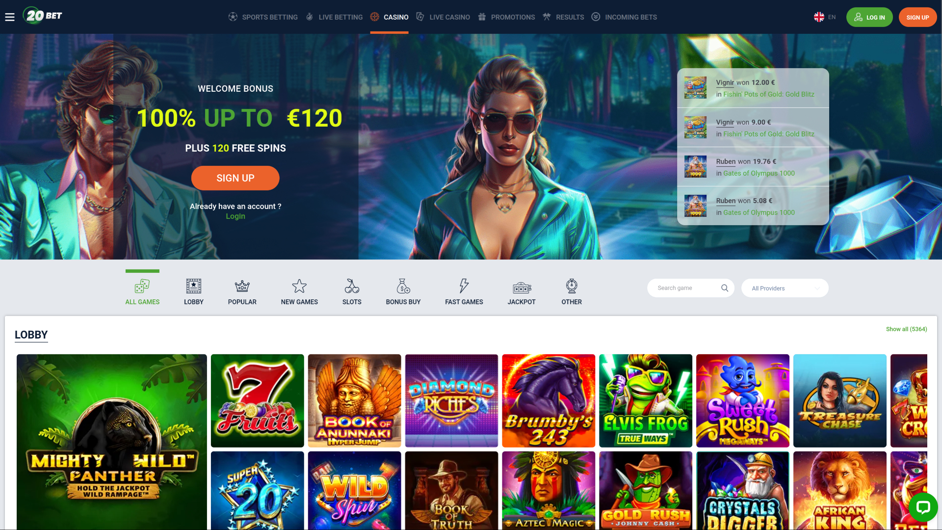 Página de inicio de escritorio de 20Bet Casino