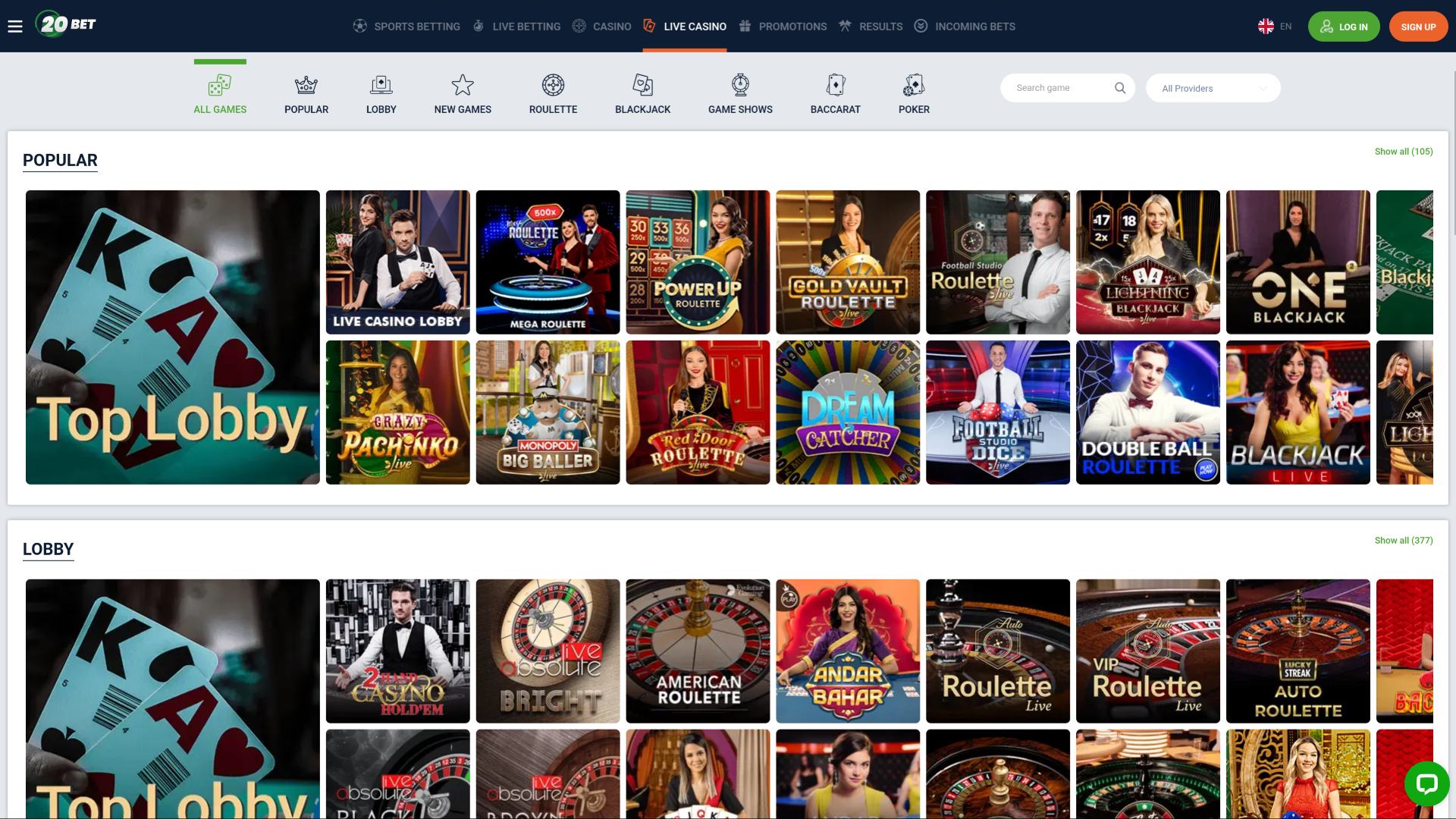 Crupier en vivo de escritorio de 20Bet Casino