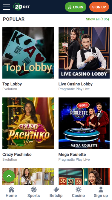 Crupier en vivo móvil de 20Bet Casino
