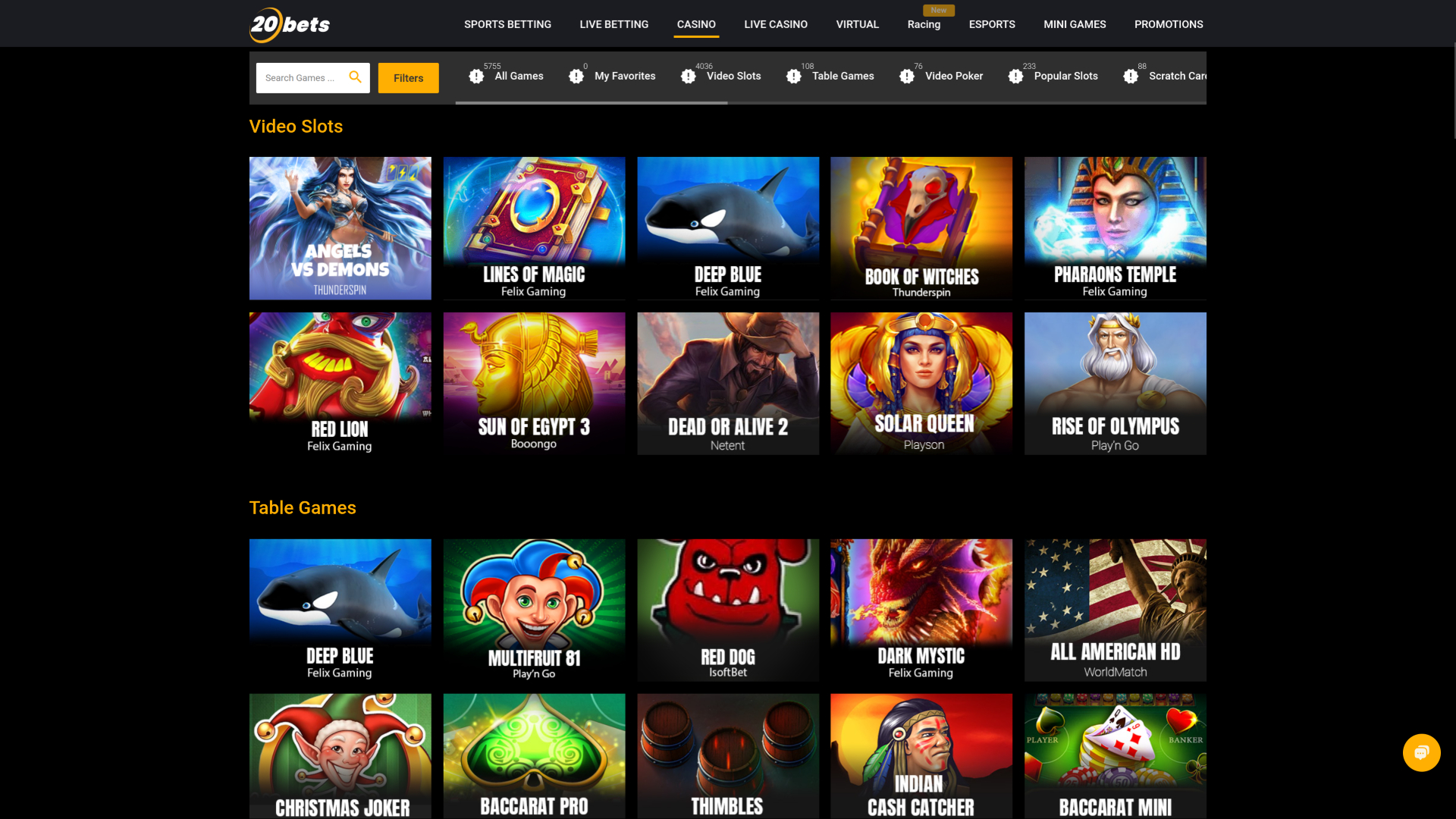 Giochi desktop di 20Bets Casino
