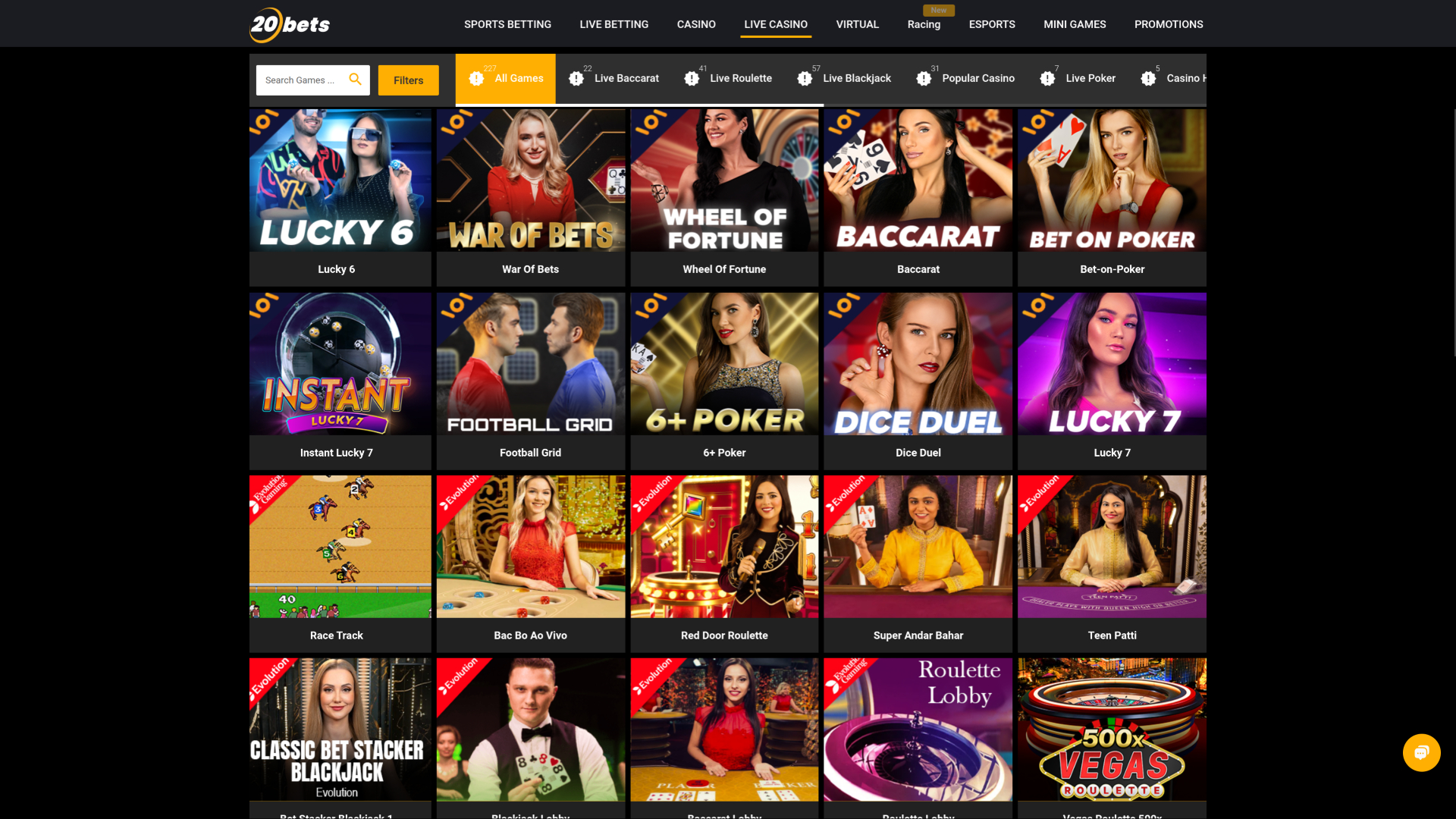 Live dealer desktop di 20Bets Casino