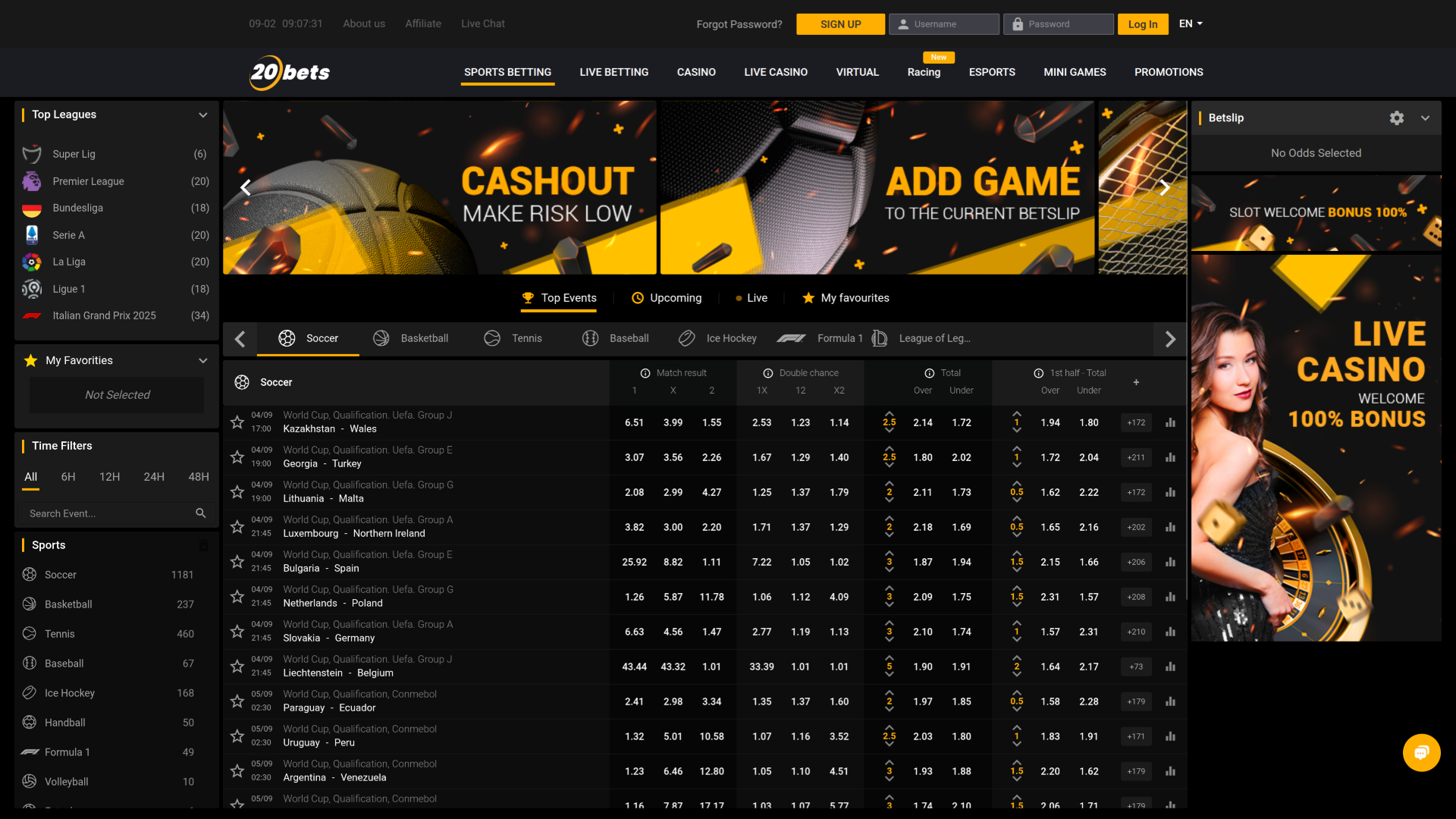Sport desktop di 20Bets Casino