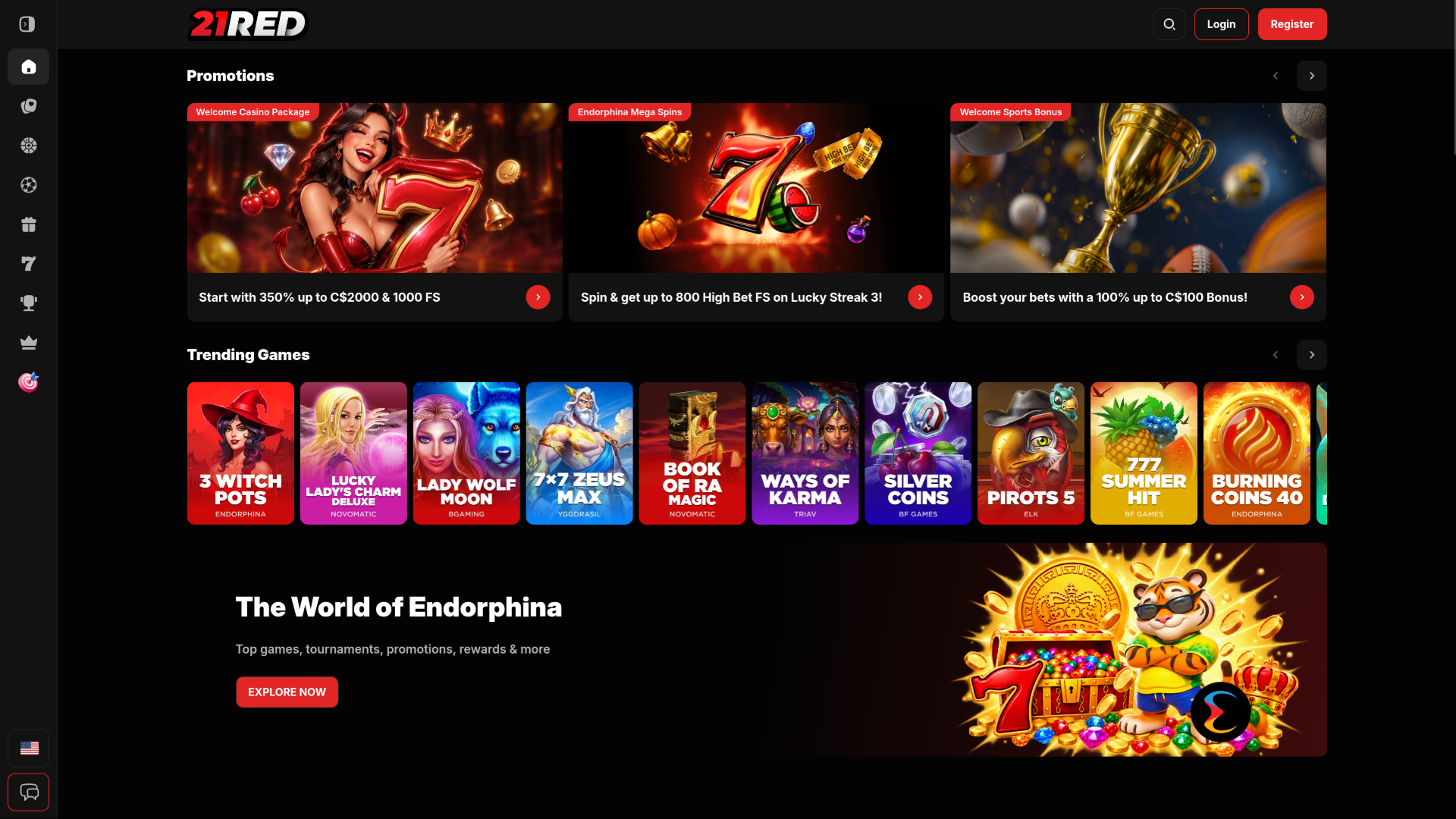 Page d'accueil du casino 21.red (ordinateur de bureau)