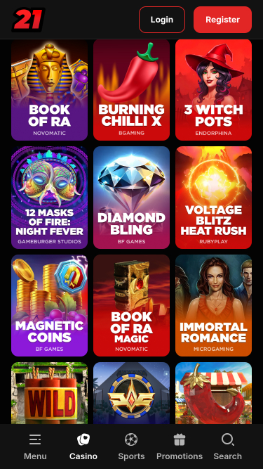 Jeux mobiles de casino 21.red