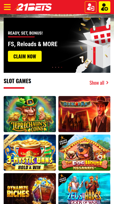 21Bets Casino mobile Startseite