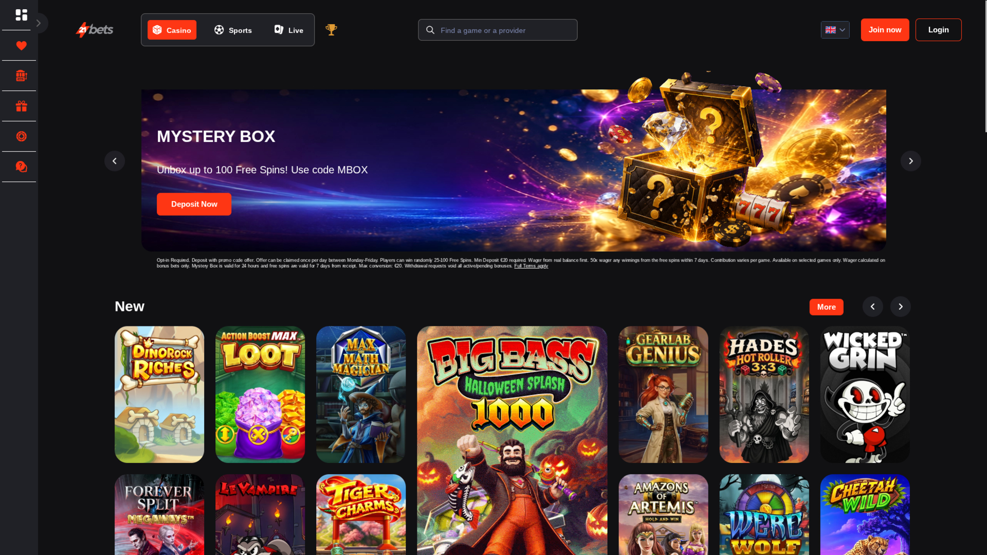 Página inicial do 21betscasino.com para computador