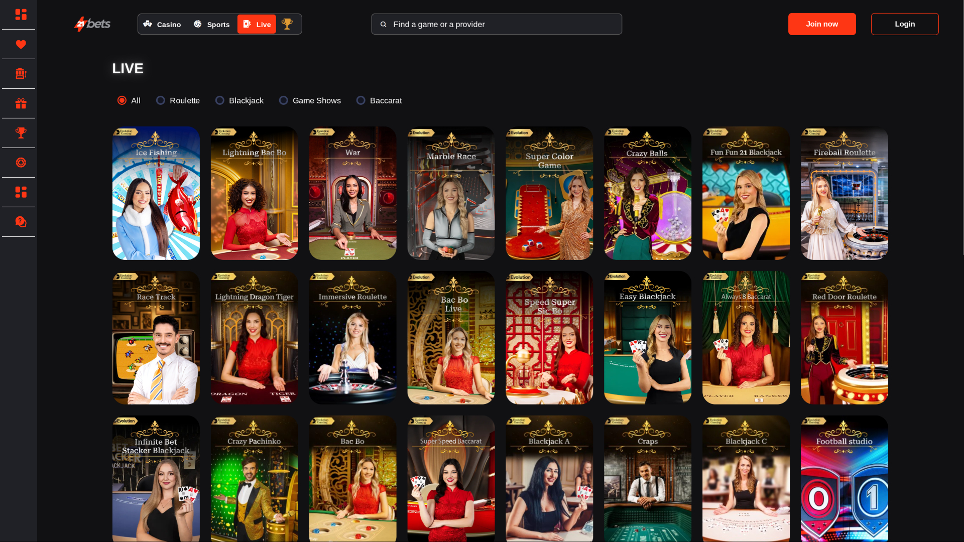 Live dealer desktop di 21betscasino.com