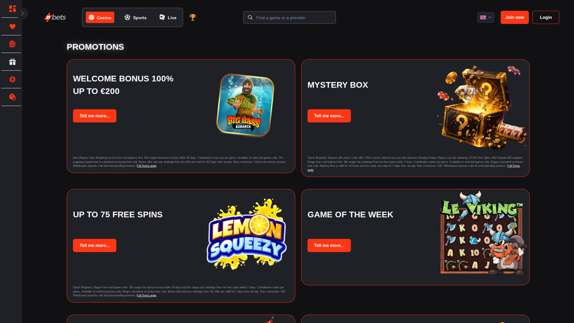 Promoções para computador em 21betscasino.com