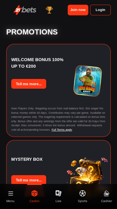 Promoções para dispositivos móveis em 21betscasino.com