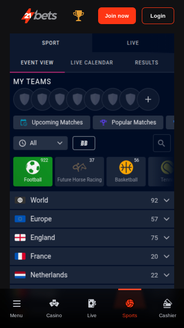 Sport mobile di 21betscasino.com